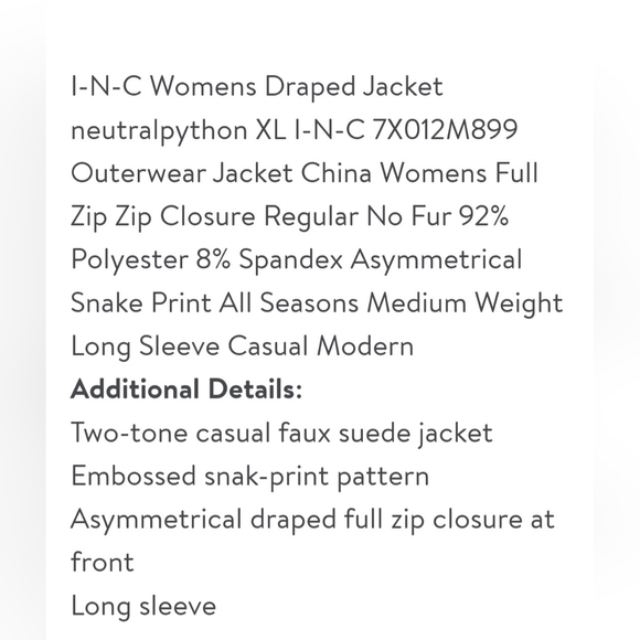 INC International Concepts.faux suede snakeskin print draped jacke - Picture 5 of 7